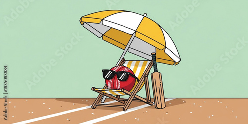 Summer Cricket Vacation Concept with Beach Chair Umbrella Sunglasses and Bat Relaxing on Sandy Shore for Sports Holiday and Leisure Illustration