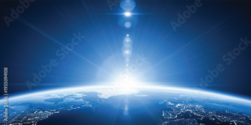 Sunrise Over Earth from Space with Bright Sunlight Horizon and Global Planet View Representing New Beginning Hope Technology and Worldwide Future Concept