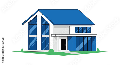 A modern blue and white house illustration with large windows and a simple design presented as a silhouette high quality professional