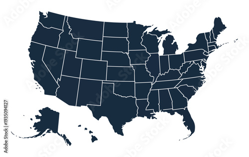 Silhouette map of the United States of America with state borders