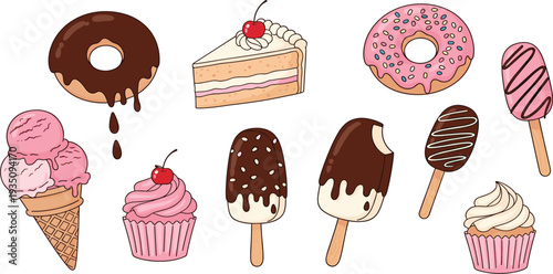 Sweet Dessert Collection with Donuts, Cupcakes, Ice Cream, Cake Slice, and Chocolate Popsicles Isolated on Light Background for Bakery Design