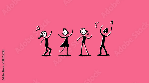 Joyful dancing figures in playful illustration on a vibrant pink background