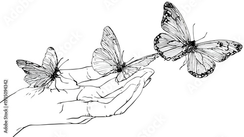 Monochrome illustration of butterflies perched on a hand symbolizing freedom