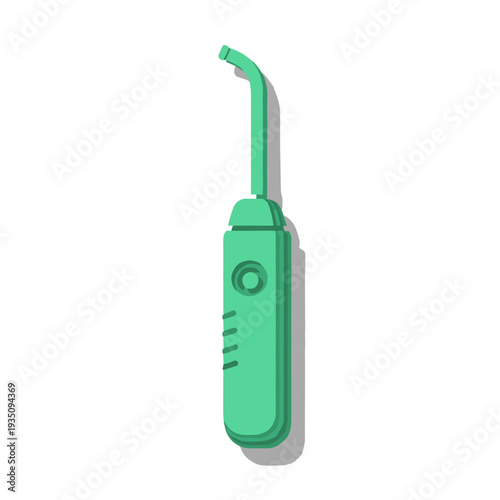 Green tooth flosser isolated on a white background with shadow, showcasing sleek design and ergonomic shape