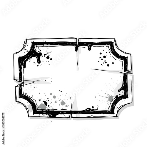 Vintage greasy label with ornate border and ink splatters isolated on white background