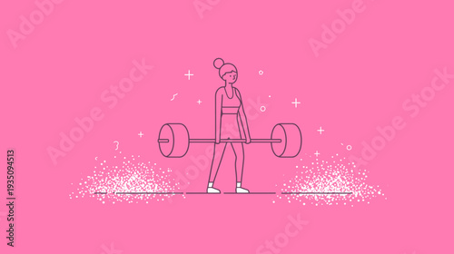 Woman lifting barbell illustration on pink background demonstrating strength