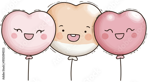 Three cheerful heart shaped balloons with smiling faces isolated design