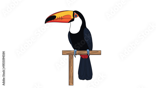 Colorful toucan with a large orange and yellow beak perched on a simple wooden branch against a white background.