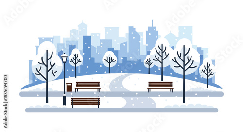 A serene winter cityscape depicts snow covered trees park benches and buildings showcasing a minimalist silhouette high quality professional detailed modern elegant