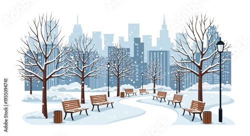 A winter cityscape features snow covered trees park benches and distant buildings creating a tranquil urban scene silhouette high quality professional detailed