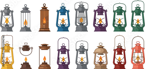 Vintage Kerosene Lantern Vector Set with Retro Camping Oil Lamps, Antique Hurricane Lights and Colorful Rustic Illumination Illustrations