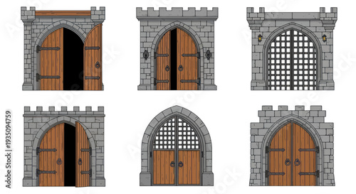 Medieval Castle Gate Collection: Stone Walls, Wooden Doors, and Iron Grilles