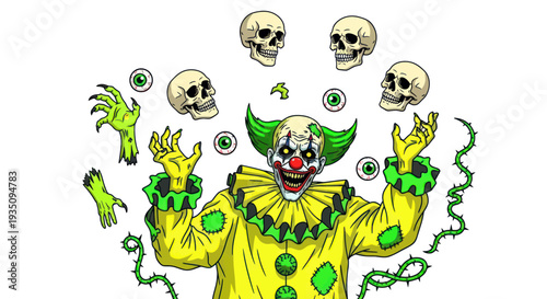 Scary Clown Juggling Skulls and Eyeballs with Thorny Vines