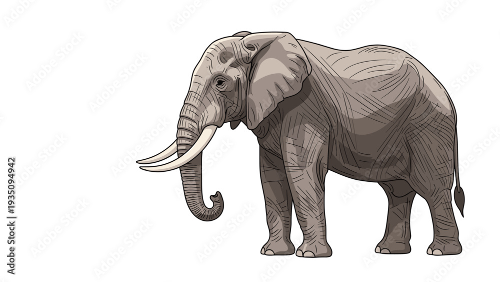 Fototapeta premium Majestic African elephant with large tusks and trunk standing in a side profile view against a clean white background.