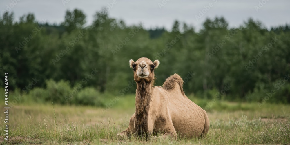 Obraz premium Wild Bactrian Camel Sitting in a Grassy Field While Resting for Nature Documentary and Zoo Marketing with Calm Animal Posture and Green Forest Background