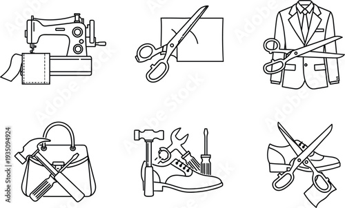 Tailoring and sewing tools line icons set scissors sewing machine clothing repair vector illustration collection design