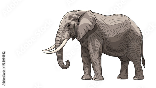 Majestic African elephant with large tusks and trunk standing in a side profile view against a clean white background.