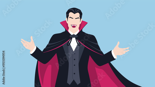 Classic vampire figure with sharp fangs and a high-collared black and red cape standing with his arms open wide.