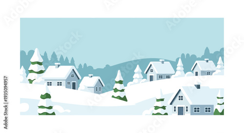 A serene winter landscape depicts snow covered houses and trees against a pale blue sky a beautiful silhouette high quality professional detailed