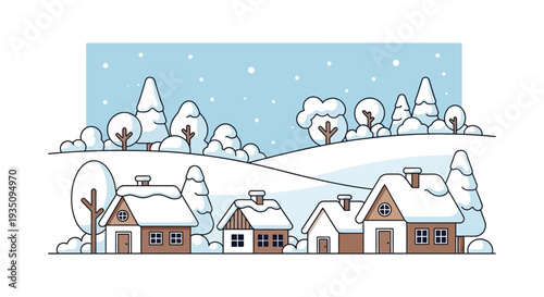 A charming winter landscape illustration featuring snow covered houses and trees depicted in a clean graphic silhouette high quality professional detailed modern
