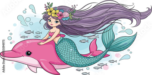 Whimsical Mermaid Character Riding a Pink Dolphin Under the Sea with Floral Crown and School of Fish for Kids Stationery and Apparel