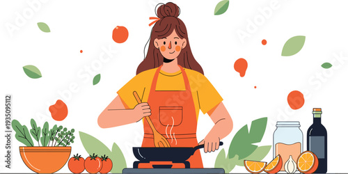 Woman Cooking Healthy Meal in Kitchen with Fresh Vegetables and Ingredients Flat Vector Illustration for Recipe Blog Food Banner and Culinary Design