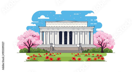 A stylized illustration depicts the lincoln memorial framed by cherry blossoms and red poppies presented as a silhouette high quality professional