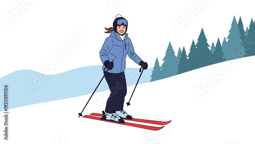 Woman wearing blue winter gear and a protective helmet skiing down a snow-covered slope with a pine forest background.