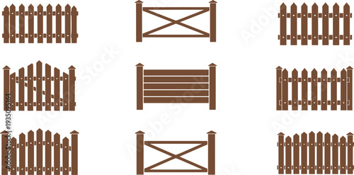Wooden Fence and Gate Set with Rustic Picket Panels, Farm Barriers, Garden Enclosure Elements Isolated Vector Illustration Collection