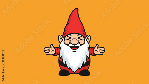 Cheerful garden gnome character with a long white beard and a tall red hat standing happily with his arms open.