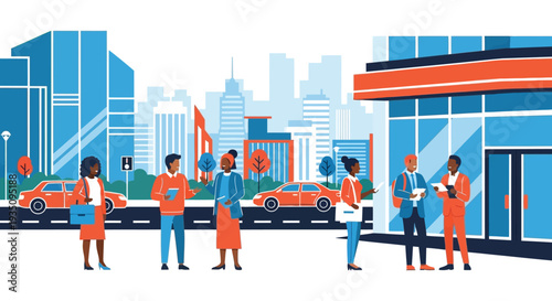 A diverse group of business professionals stand outside a modern city building illustrating urban work life silhouette high quality professional detailed