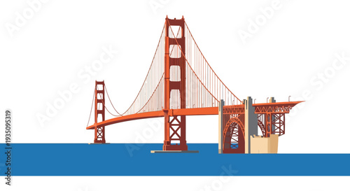 A striking illustration of the golden gate bridge against a blue backdrop presented in a bold silhouette high quality professional detailed