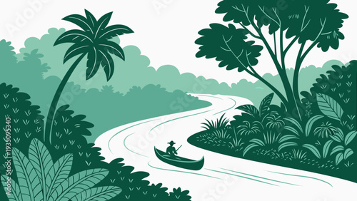 Tropical Jungle River with Small Boat Flat Vector Illustration