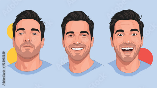 Series of three portraits showing a handsome man with various facial expressions from neutral to a wide happy smile.