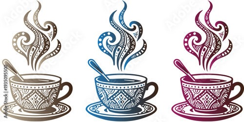 Decorative coffee cup set with ethnic patterns and swirling steam.