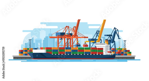 A vibrant illustration depicts a cargo ship at a busy port featuring a cityscape and industrial cranes silhouette high quality professional
