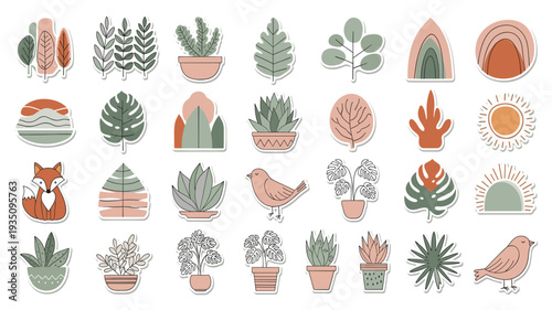 A charming collection of minimalist boho-style stickers featuring various plants, animals, and natural elements, perfect for digital and print designs.