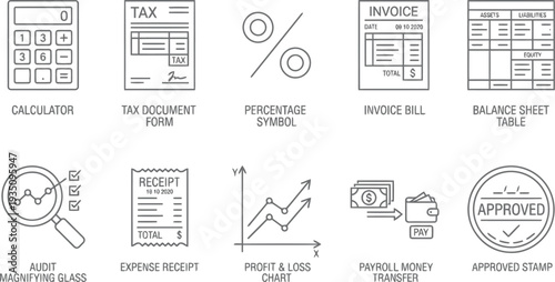 A collection of hand drawn accounting and finance icons including calculator tax and balance sheet