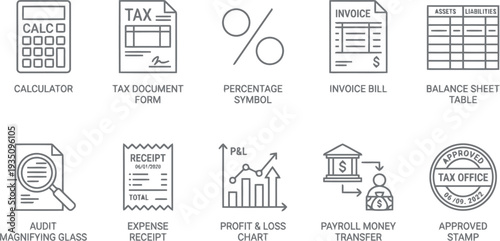 Collection of minimalist line icons for accounting, finance, tax, and business management.
