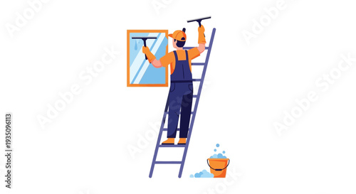 A window washer cleans a pane while on a ladder depicted in a flat colorful style silhouette high quality professional