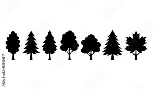 A set of seven black tree silhouettes on a white background