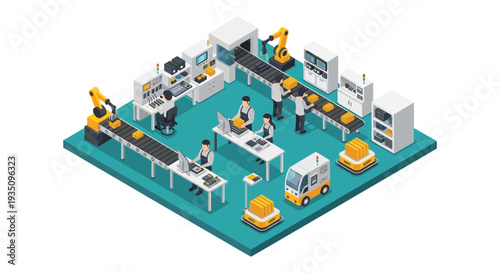 Isometric illustration of a modern factory floor with workers robots and conveyor belts showcasing automated production silhouette high quality professional