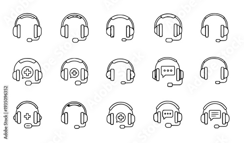 A set of minimalist headset icons for customer service and communication