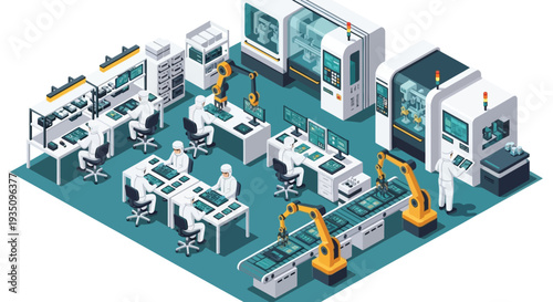 A detailed isometric illustration depicts a modern high tech factory floor with workers and robotic arms silhouette high quality professional modern elegant