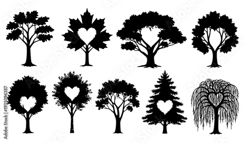A set of black silhouette tree icons with heart shapes