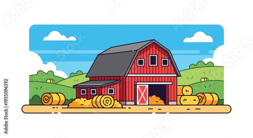 A charming red barn stands amidst rolling green hills and hay bales presented in a crisp silhouette high quality professional detailed