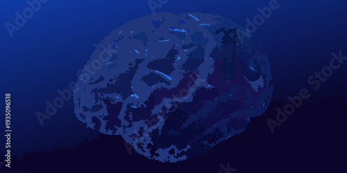 Abstract illustration of a human brain with a dark blue color scheme