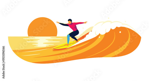 A vibrant illustration depicts a surfer riding a wave under a setting sun showcasing a bold silhouette high quality professional detailed