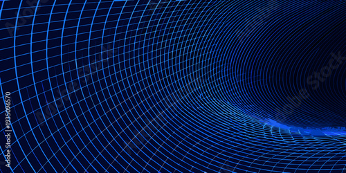 Abstract blue grid forming a swirling vortex or tunnel perspective