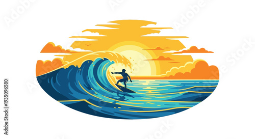 A vibrant ocean scene depicts a surfer riding a wave against a colorful sunset presented as a silhouette high quality professional